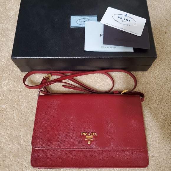 Prada Burgundy Saffiano crossbody WOC - Picture 1 of 8